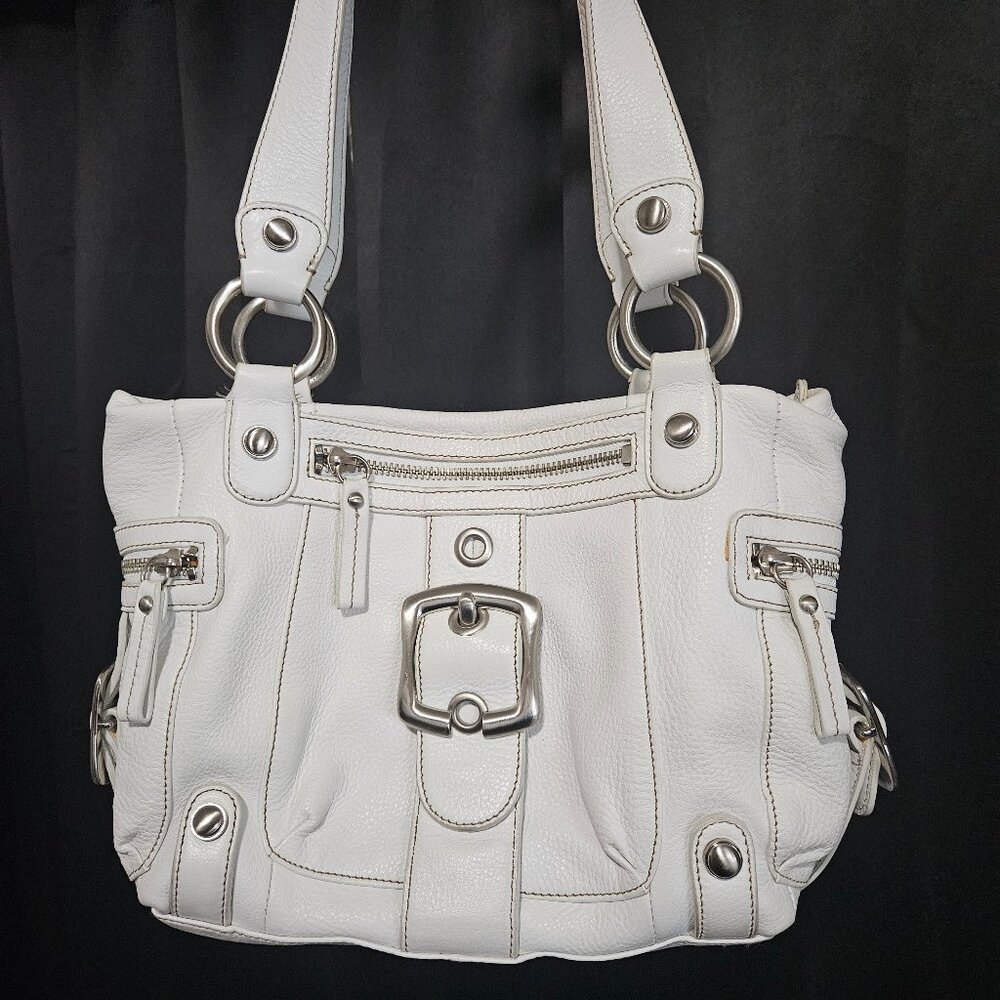 B.Makowsky Pebbled White Leather Shoulder Bag w/Brushed Silver Accents